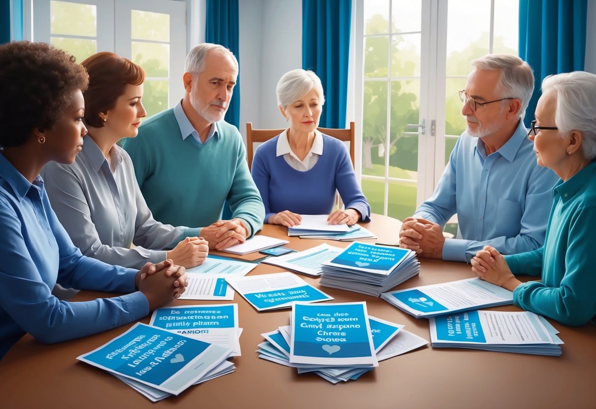 A family sitting around a table, engaged in a serious yet respectful conversation. A stack of papers and brochures about long-term care plans is spread out in front of them