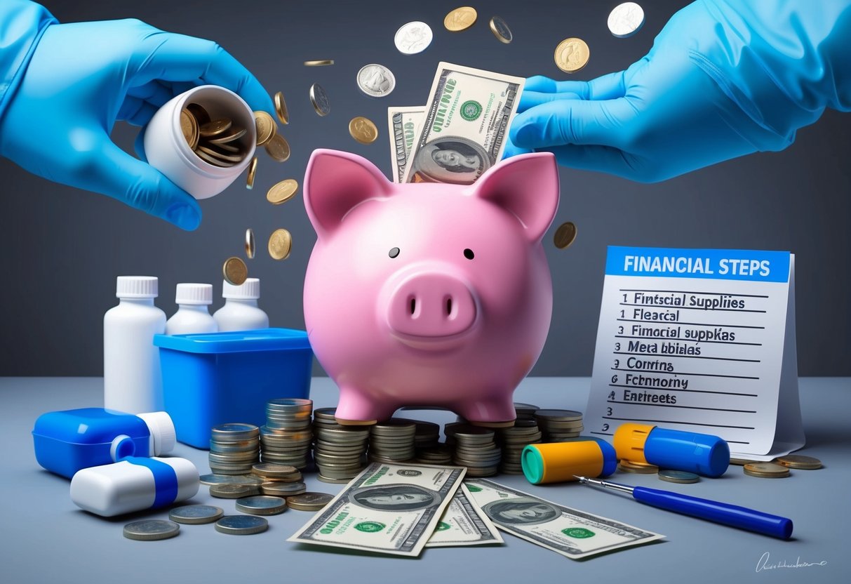 A piggy bank being filled with coins and bills, surrounded by medical supplies and a list of financial steps