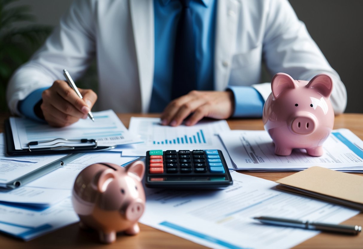 A person sits at a desk with a calculator and paperwork, surrounded by medical bills and a piggy bank. They are focused on budgeting and saving for future medical expenses