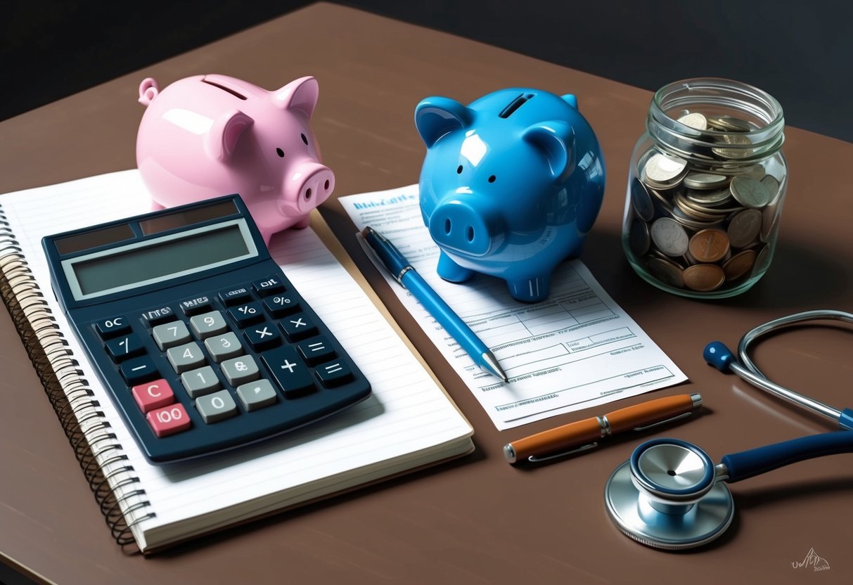 A desk with a calculator, notebook, and pen. A piggy bank and jar of coins sit nearby. A medical bill and stethoscope are also present