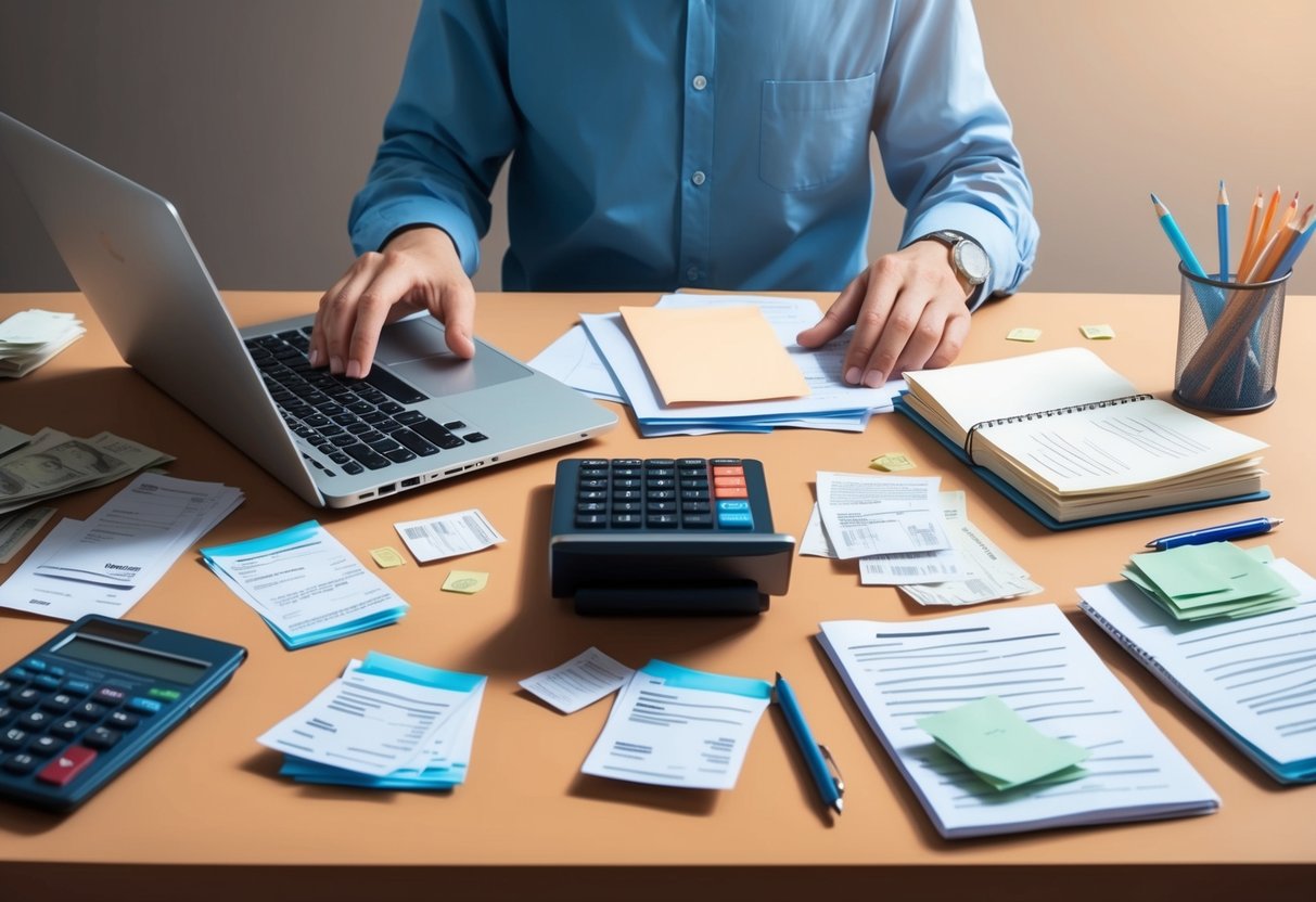 A person sitting at a desk with a laptop and calculator, surrounded by bills, receipts, and a notebook. They are carefully organizing and planning their monthly budget and contingency fund for medical costs
