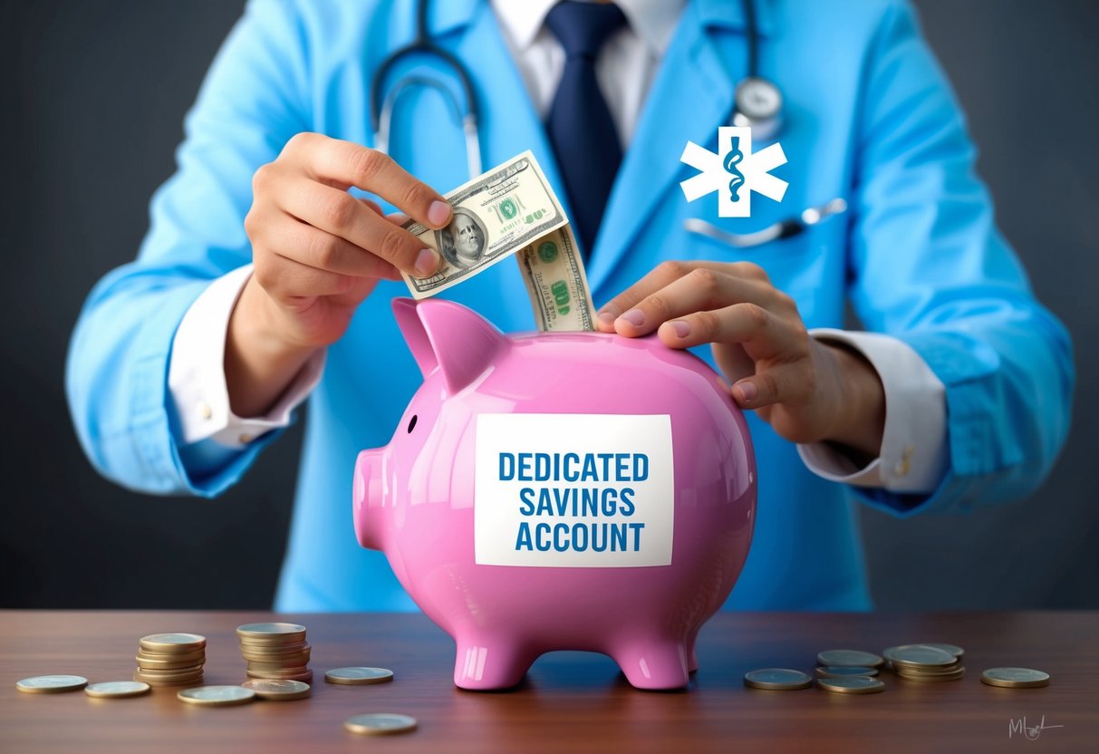 A person placing money into a piggy bank labeled "Dedicated Savings Account" with a medical symbol in the background
