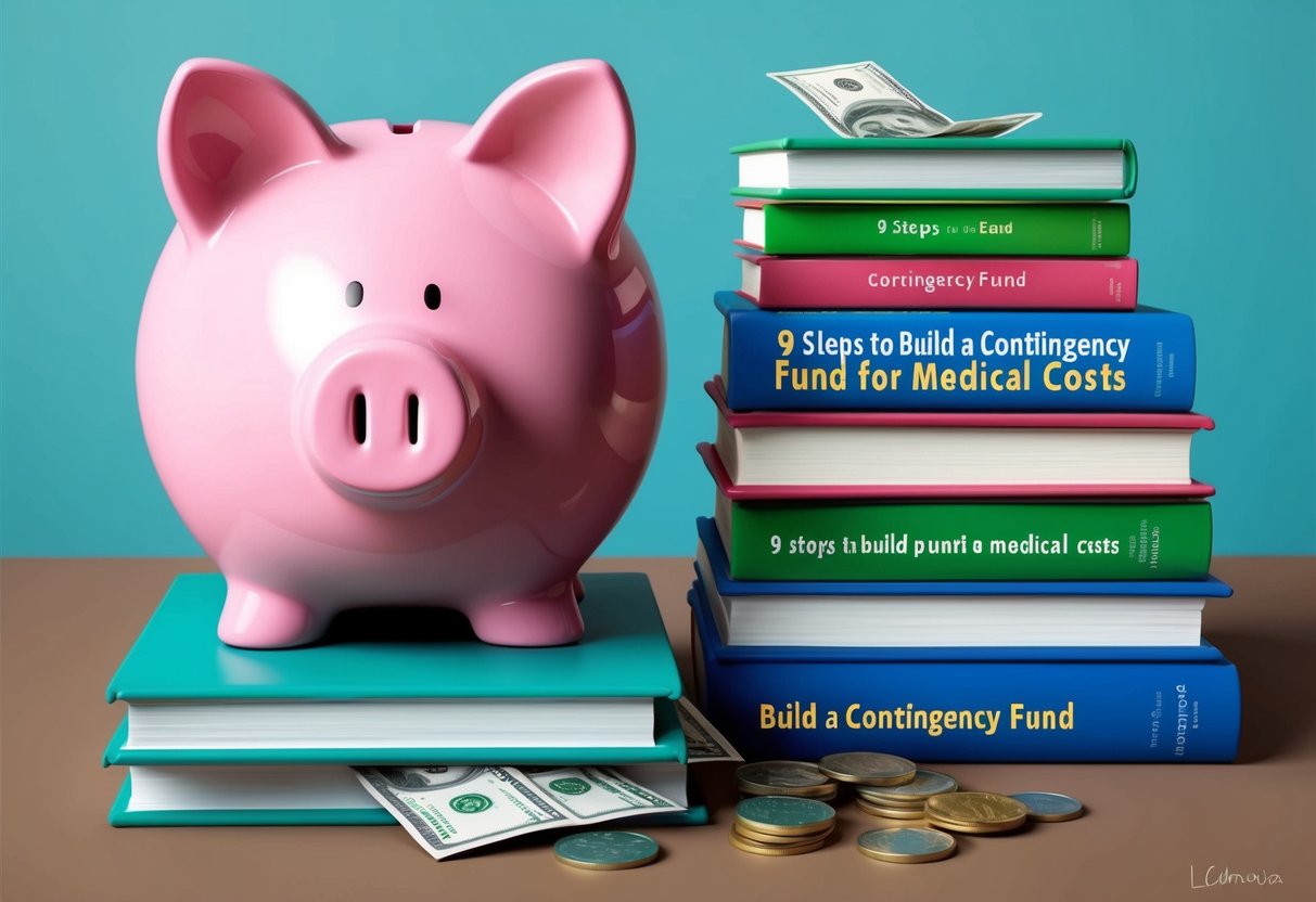 A piggy bank with a slot for coins and bills, surrounded by a stack of books labeled "9 Steps to Build a Contingency Fund for Medical Costs."