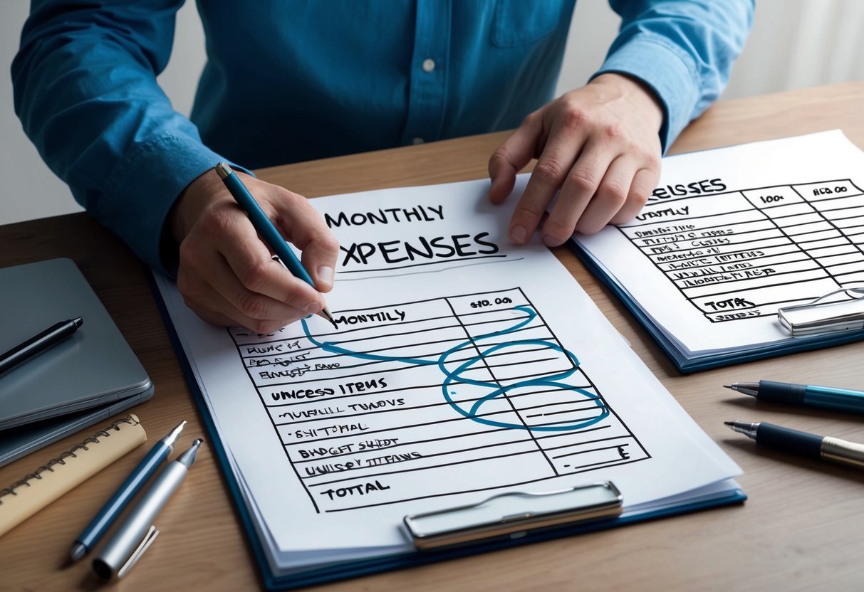 A person carefully reviewing their monthly expenses, circling and crossing out unnecessary items on a budget sheet