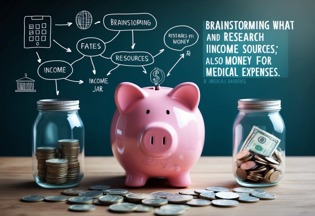 A person brainstorming and researching various income sources, while also setting aside money for medical expenses in a piggy bank or savings jar