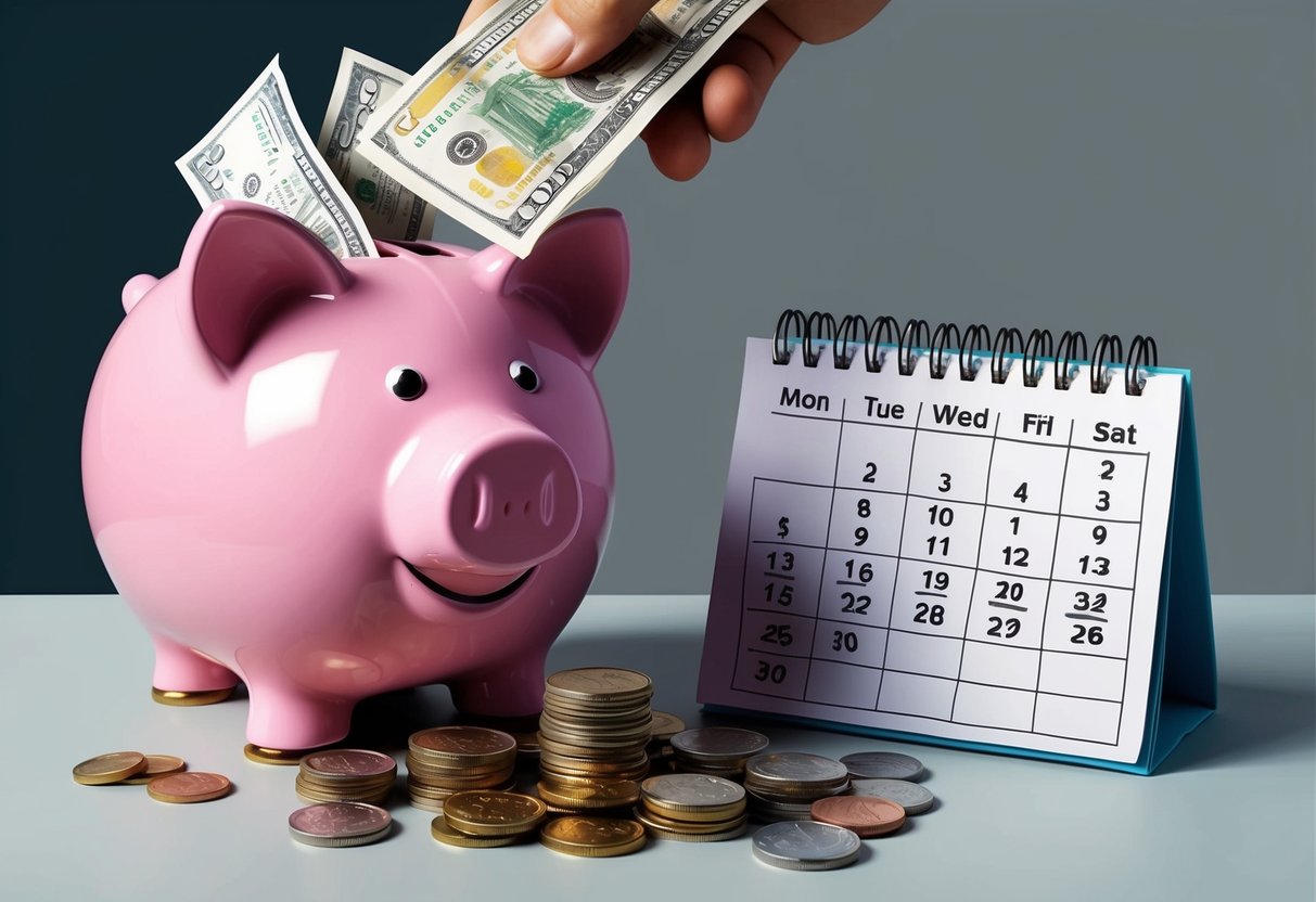 A piggy bank being filled with coins and bills, with a calendar showing regular check-ins and adjustments