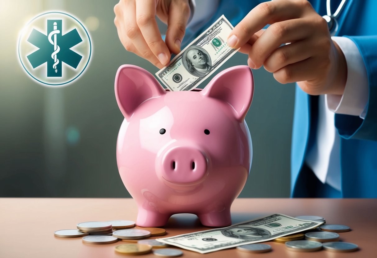 A piggy bank being filled with coins and bills, with a medical symbol in the background