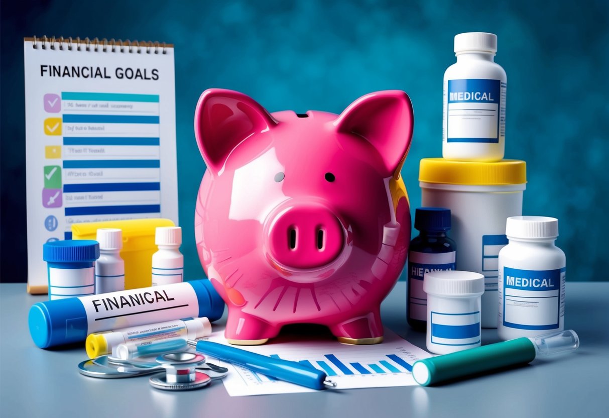 A piggy bank surrounded by medical supplies and a chart of financial goals