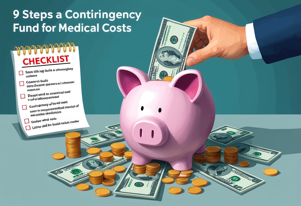 A piggy bank being filled with coins and dollar bills, surrounded by a checklist of 9 steps to build a contingency fund for medical costs