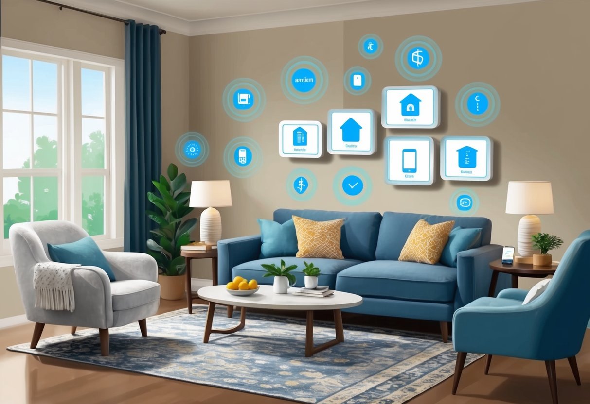 A cozy living room with smart home devices seamlessly integrated into the decor, showcasing the financial benefits of aging in place with technology