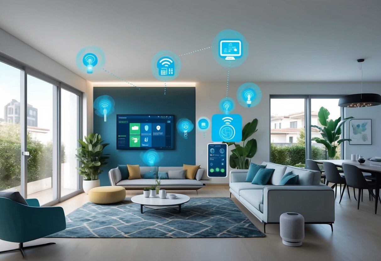 A modern home with various smart devices and sensors seamlessly integrated into the environment, monitoring the health and safety of the inhabitants