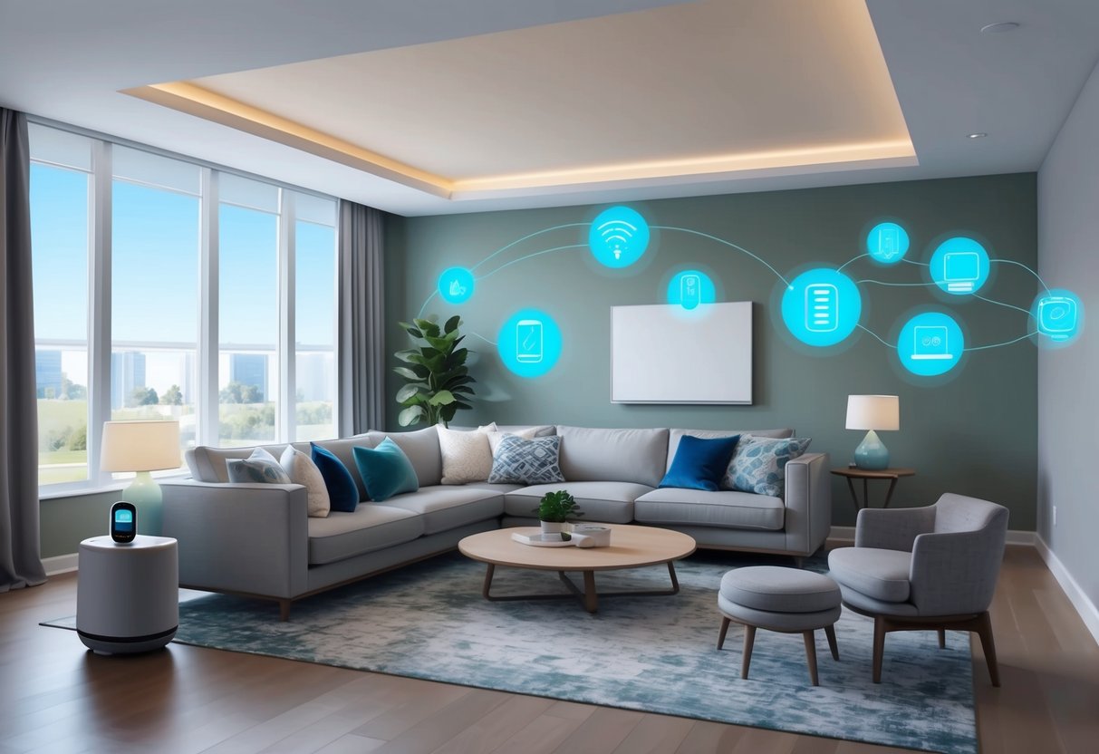 A modern living room with voice-activated devices integrated into the environment, such as smart speakers, thermostats, and lighting, showcasing the financial benefits of aging in place with technology