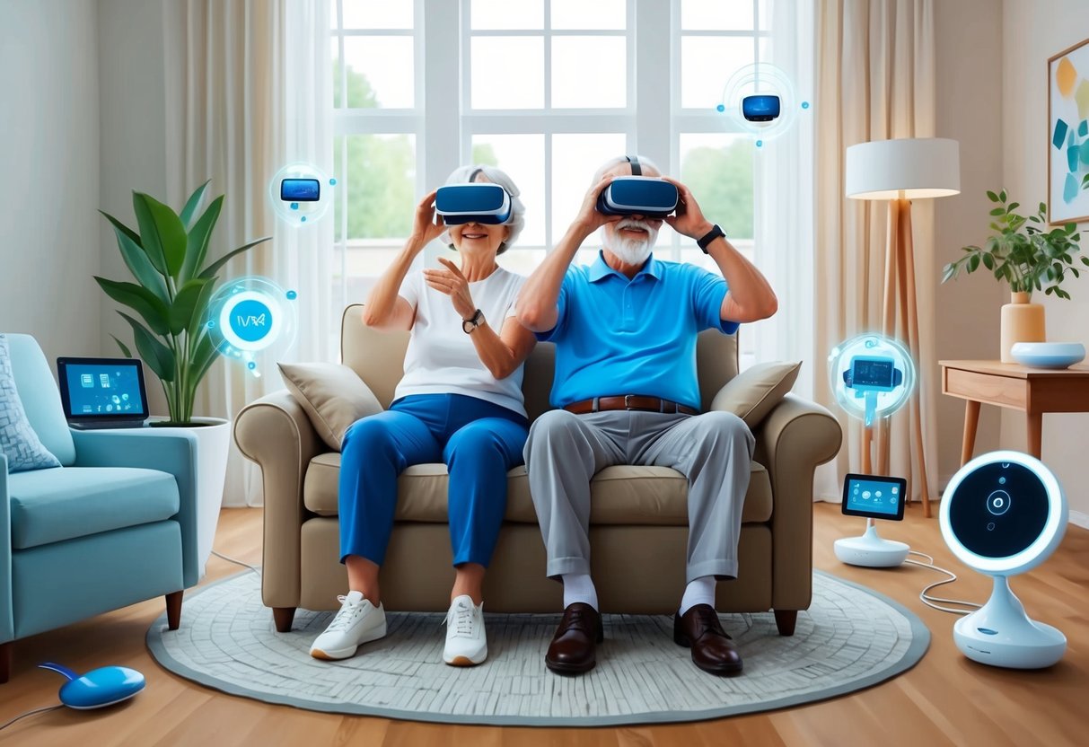A senior couple using VR headsets while sitting comfortably in their home, surrounded by technology and smart devices designed for aging in place