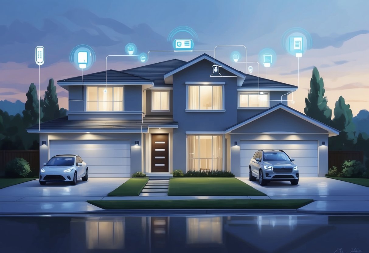 A modern home with automated systems: lights, thermostat, security, and appliances, all controlled by technology