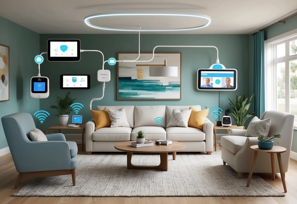 A cozy living room with modern technology seamlessly integrated into the space, including smart home devices, telehealth equipment, and other assistive technologies for aging in place
