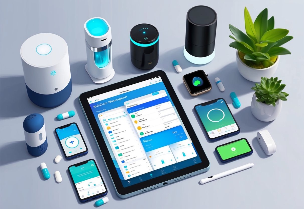 A modern tablet displaying a medication management app surrounded by various smart home devices, such as a digital pill dispenser and a virtual assistant
