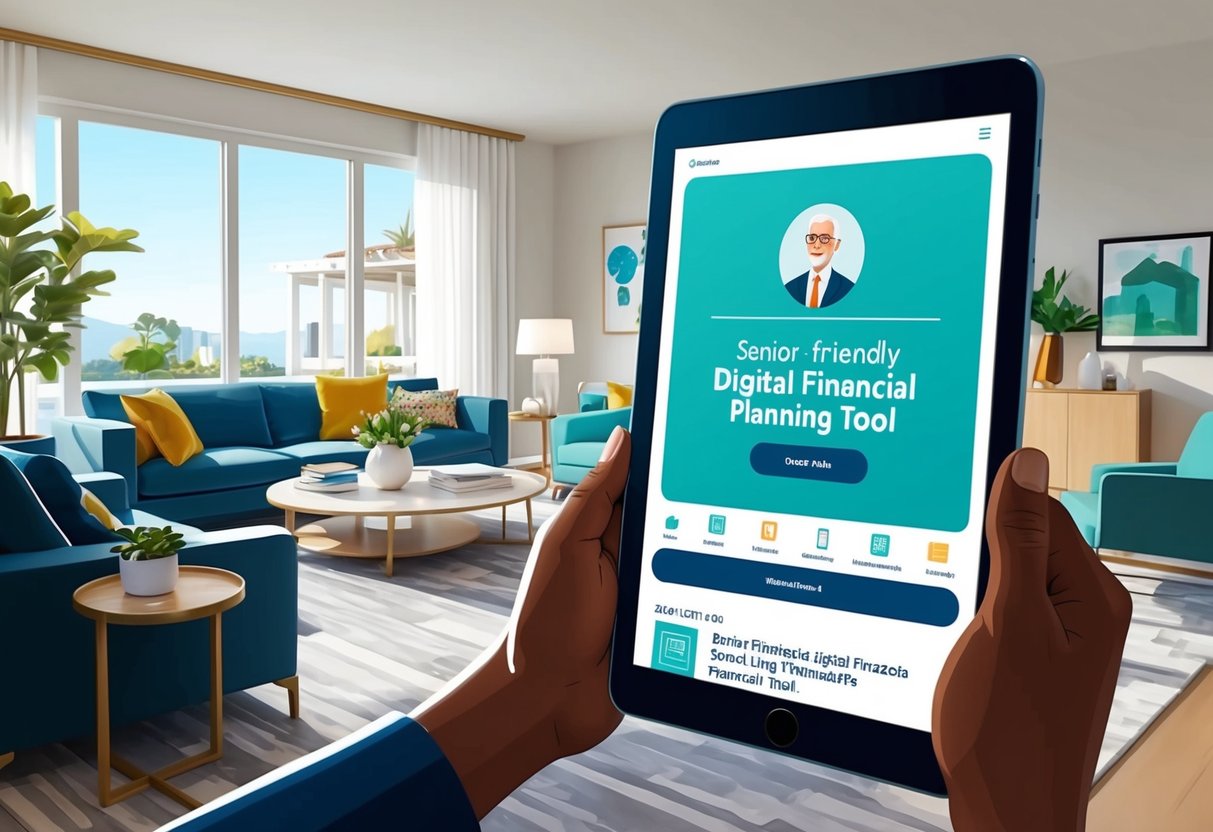 A modern, well-lit living room with a senior-friendly digital financial planning tool displayed on a tablet or computer screen