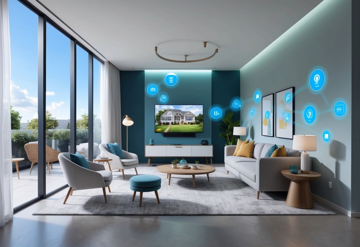 A modern smart home equipped with advanced technology for aging in place, including smart sensors, voice-activated devices, and remote monitoring systems