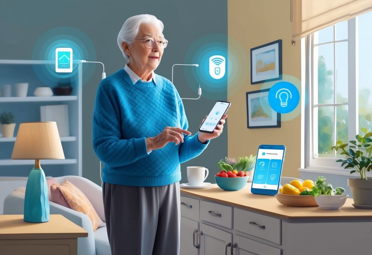 An elderly person using smart home technology to control lights, thermostat, and security system, while a virtual assistant helps with medication reminders and grocery orders
