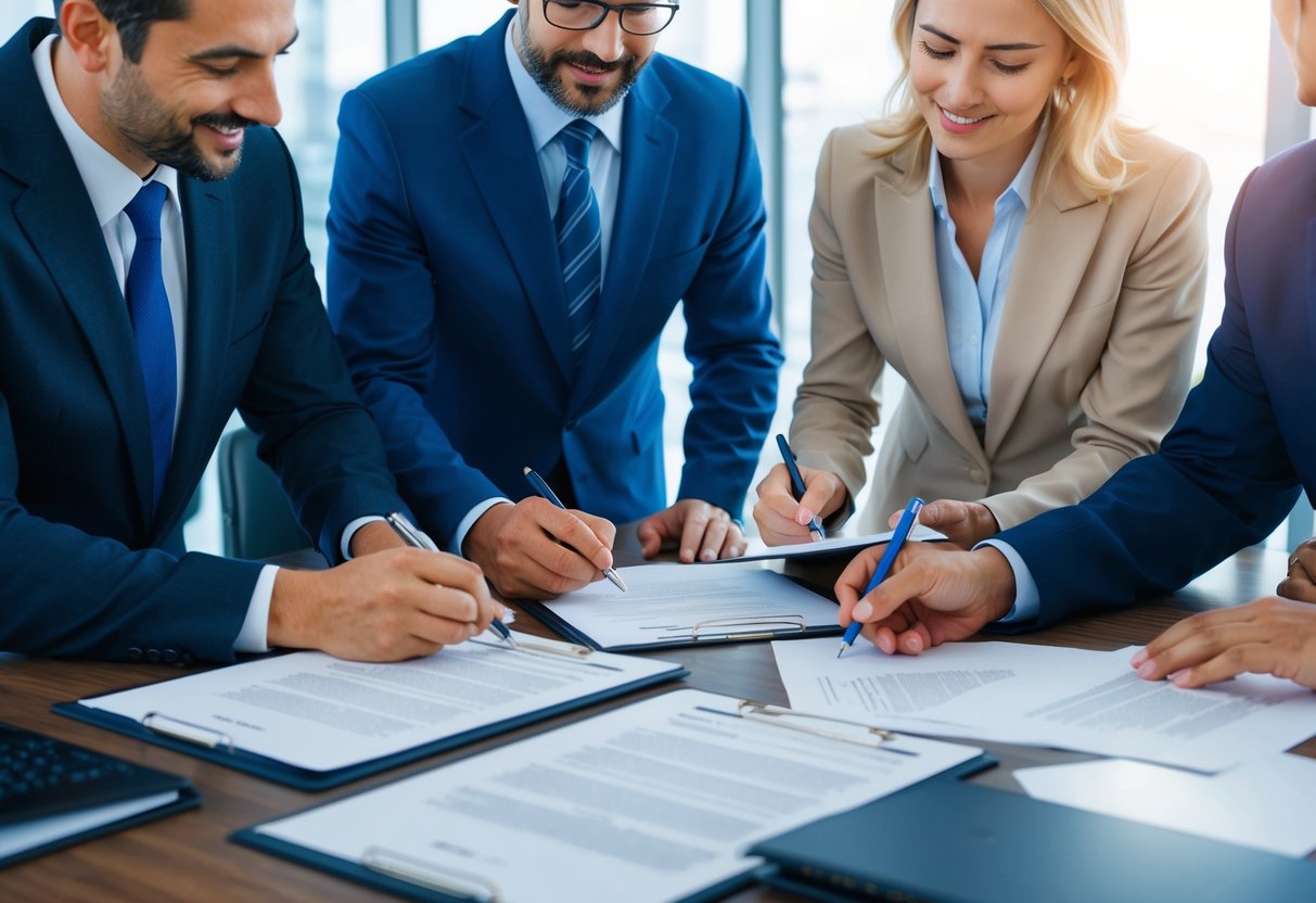 A group of business owners signing legal documents in an office setting, with a focus on the details of the agreement