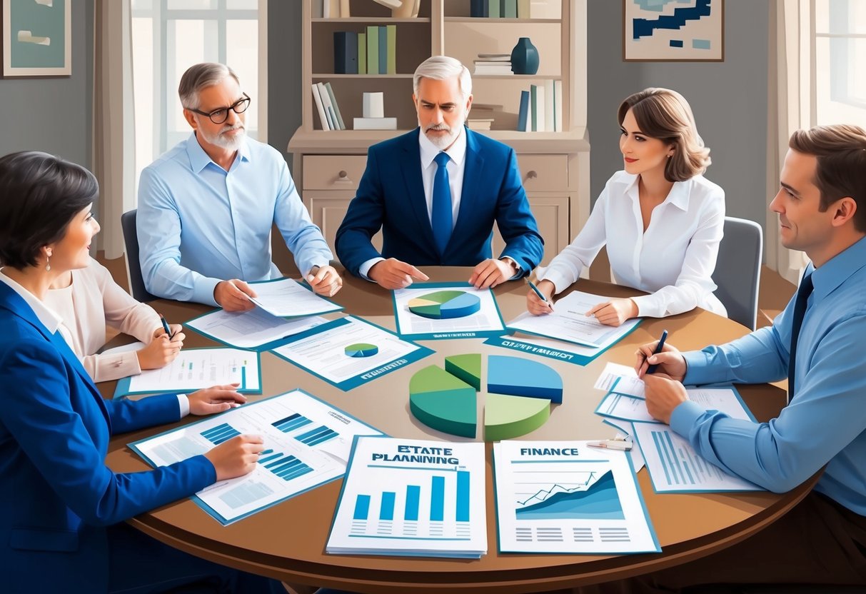 A family sitting around a table, discussing estate planning strategies for their business. Documents and financial charts are spread out in front of them
