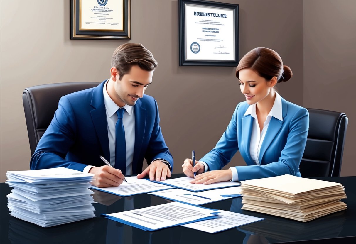 A business owner sits at a desk, signing legal documents with a lawyer. A stack of papers and a pen are on the table. A framed certificate hangs on the wall