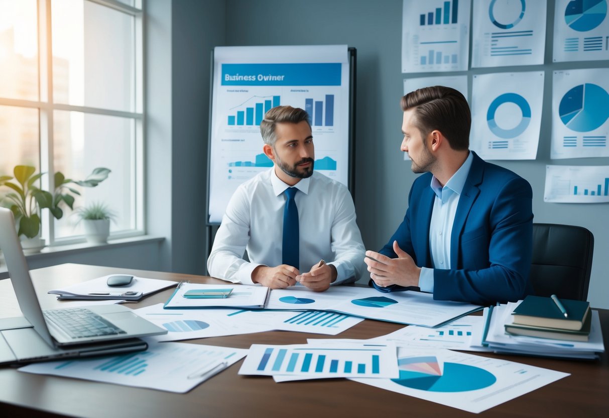 A business owner sits at a desk, surrounded by financial documents and charts. They are discussing estate planning strategies with their advisor