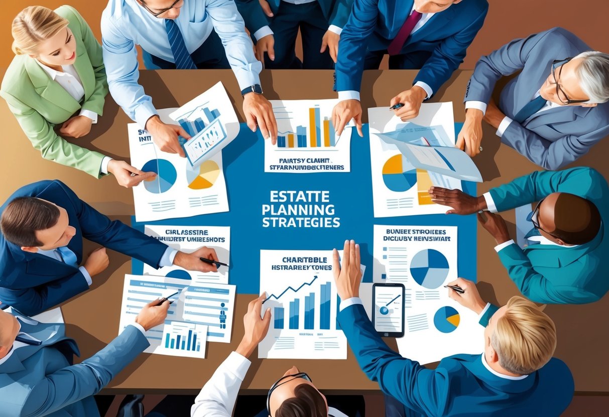 A group of business owners gather around a table, discussing estate planning strategies. Charts and documents are spread out as they collaborate on charitable remainder trusts