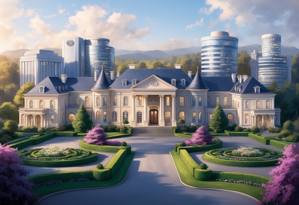 A luxurious estate with a grand entrance and manicured gardens, surrounded by a business headquarters and successful enterprises