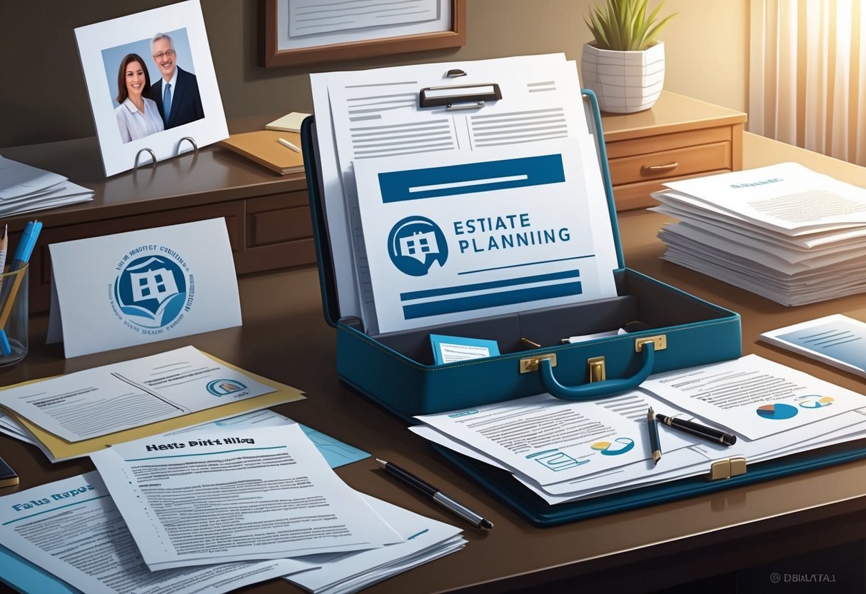 A desk cluttered with legal documents, a family photo, and a business logo. A lawyer's briefcase sits open, revealing estate planning materials