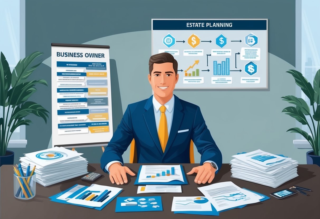 A business owner sits at a desk surrounded by financial documents, with a chart showing various estate planning strategies on the wall behind them