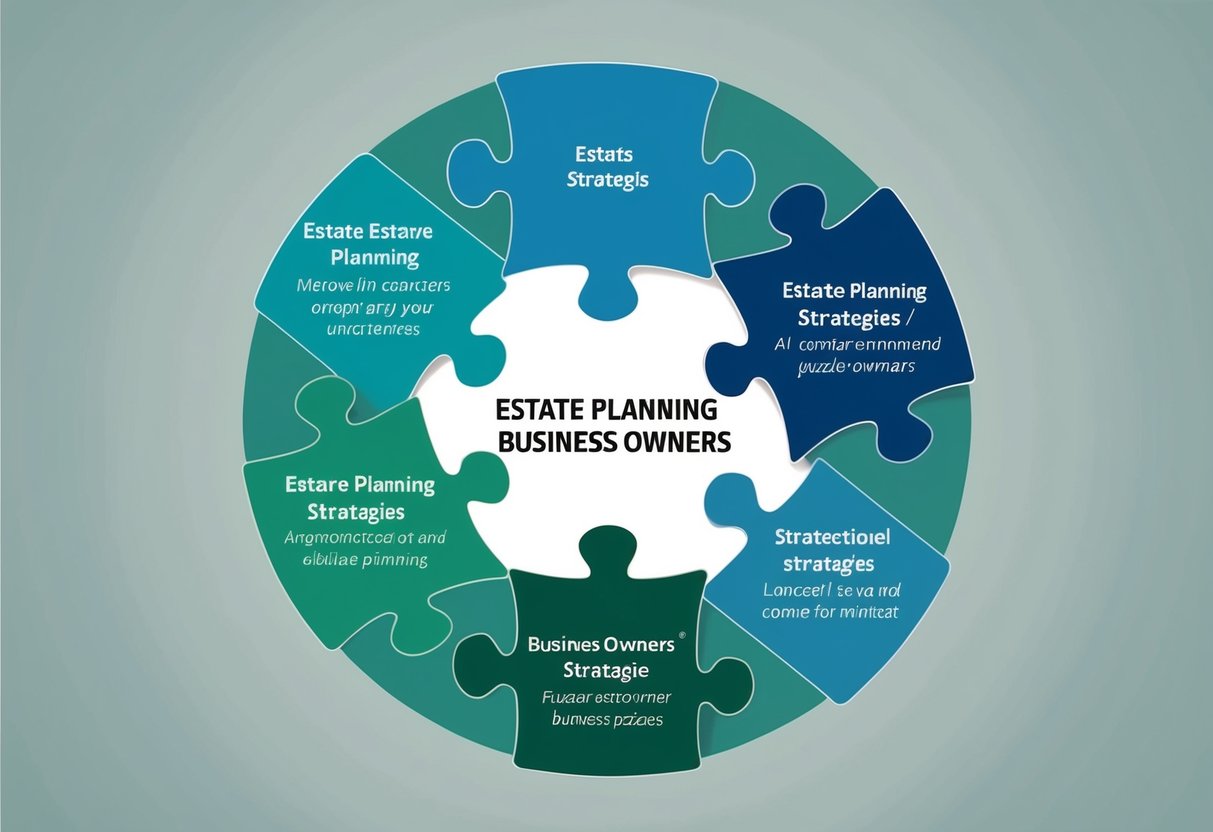 A group of six interconnected puzzle pieces representing different estate planning strategies for business owners, arranged in a circular pattern
