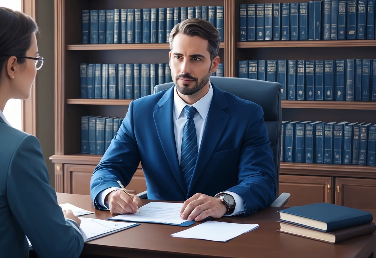 A lawyer sitting at a desk, discussing legal documents with a client. A bookshelf filled with law books in the background
