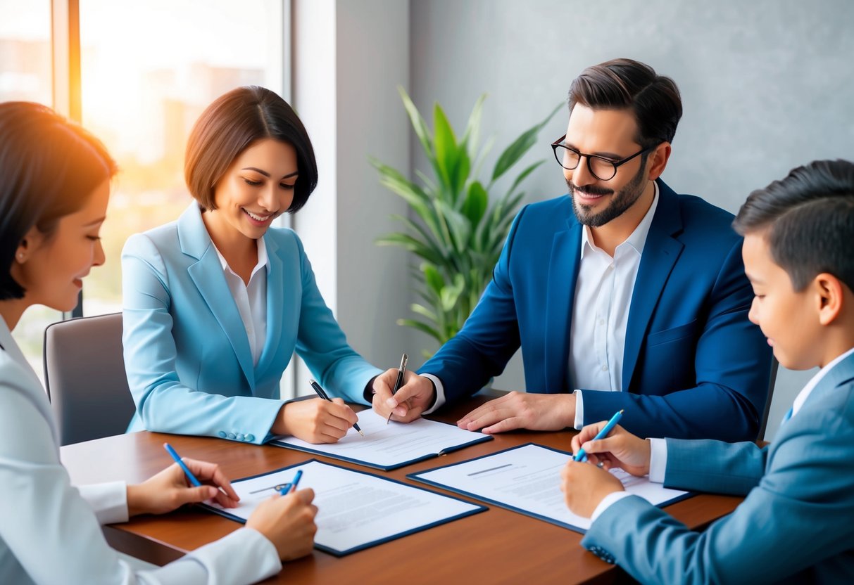 A family sitting around a table, signing legal documents with a lawyer