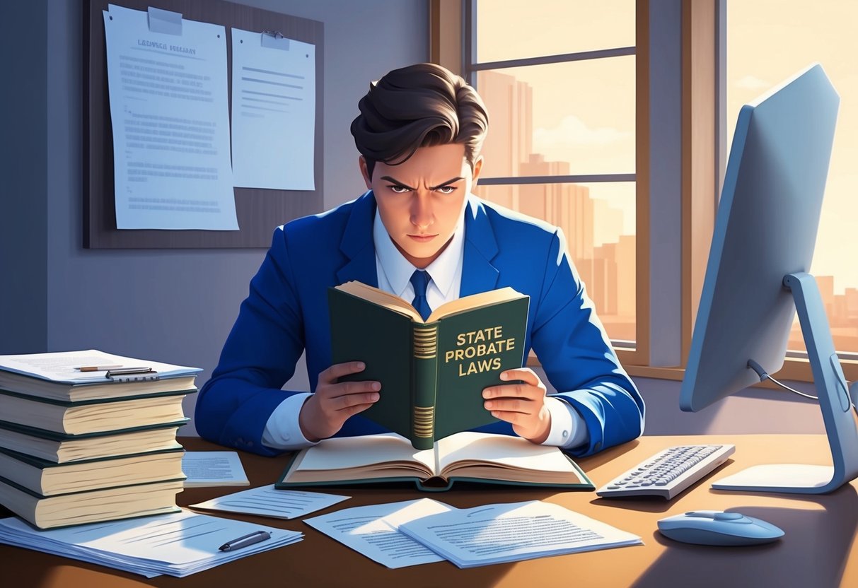 A person studying a book on state probate laws, surrounded by legal documents and a computer, with a determined expression