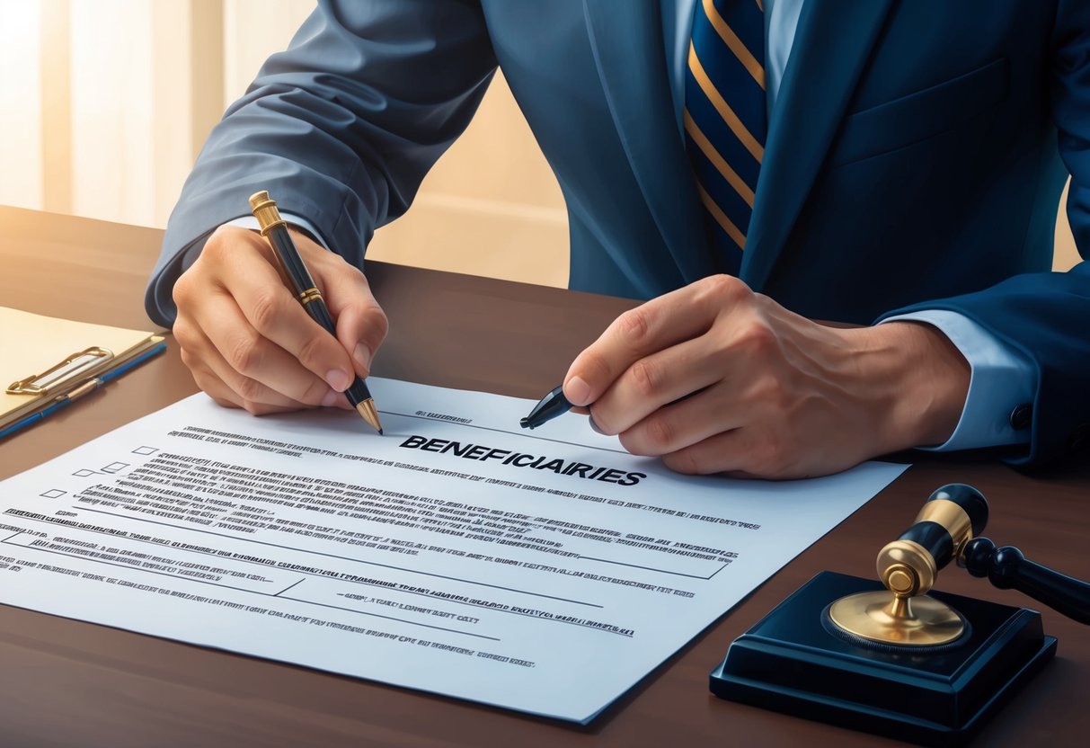A person filling out a form, listing beneficiaries for their assets, with a notary stamping the document