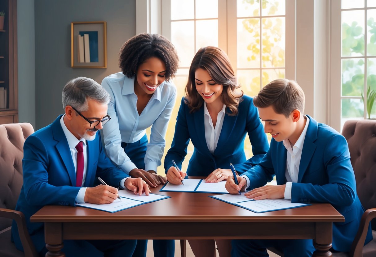 A family sitting around a table signing legal documents together