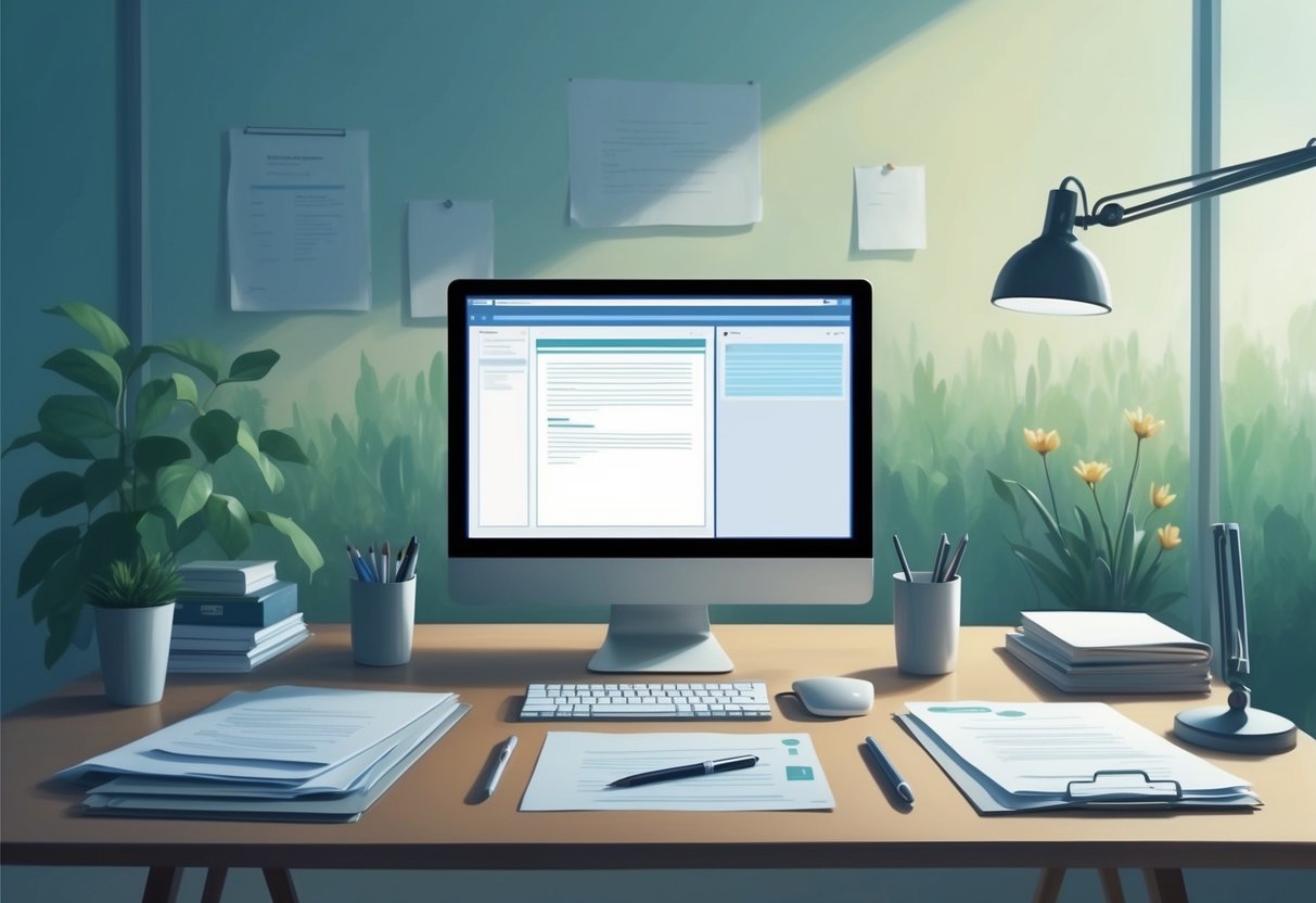 A serene and organized office desk with a computer, paperwork, and a pen, surrounded by a calm and peaceful atmosphere