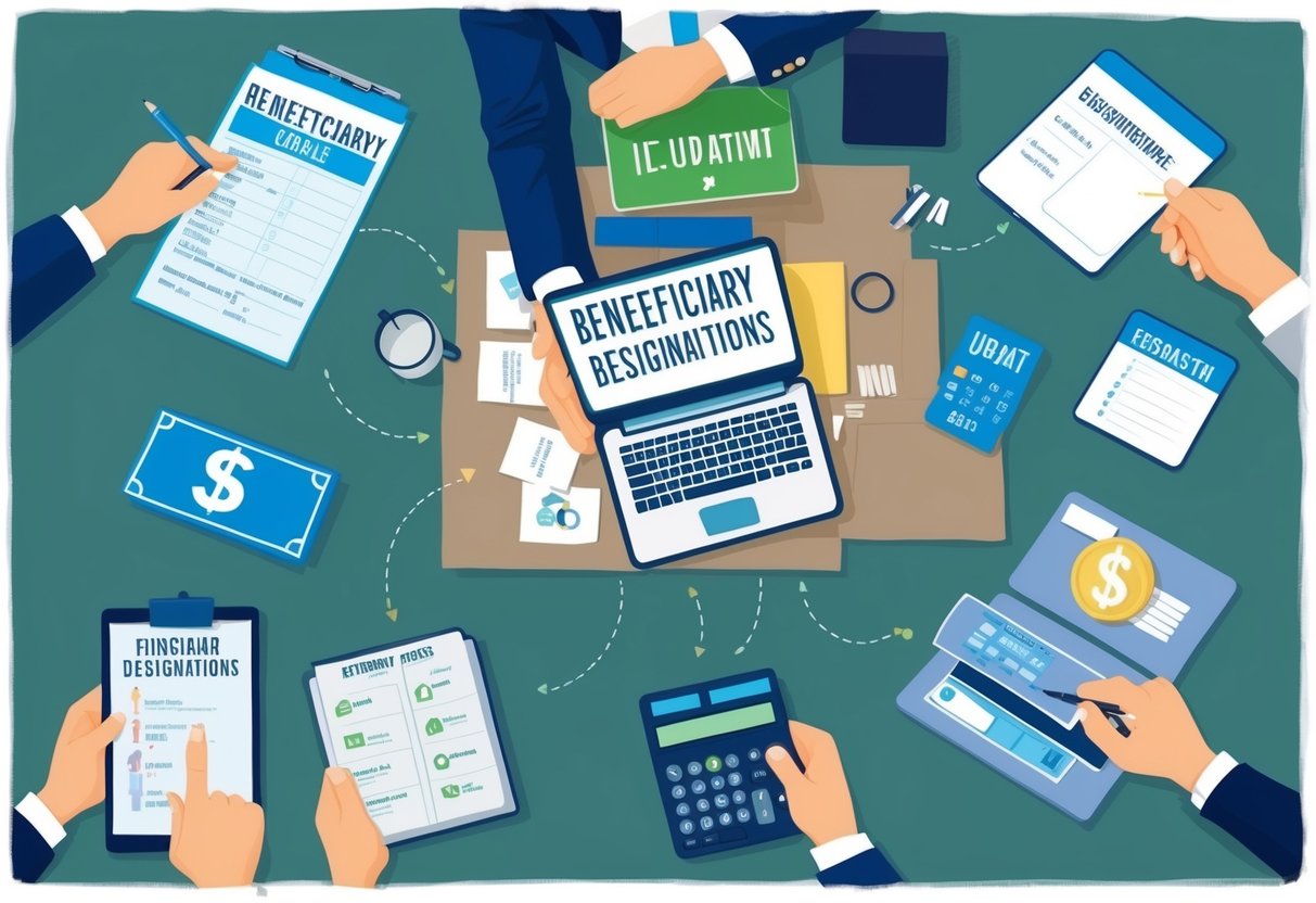 A person updating beneficiary designations on various financial accounts and assets, such as retirement accounts, life insurance policies, and investment accounts