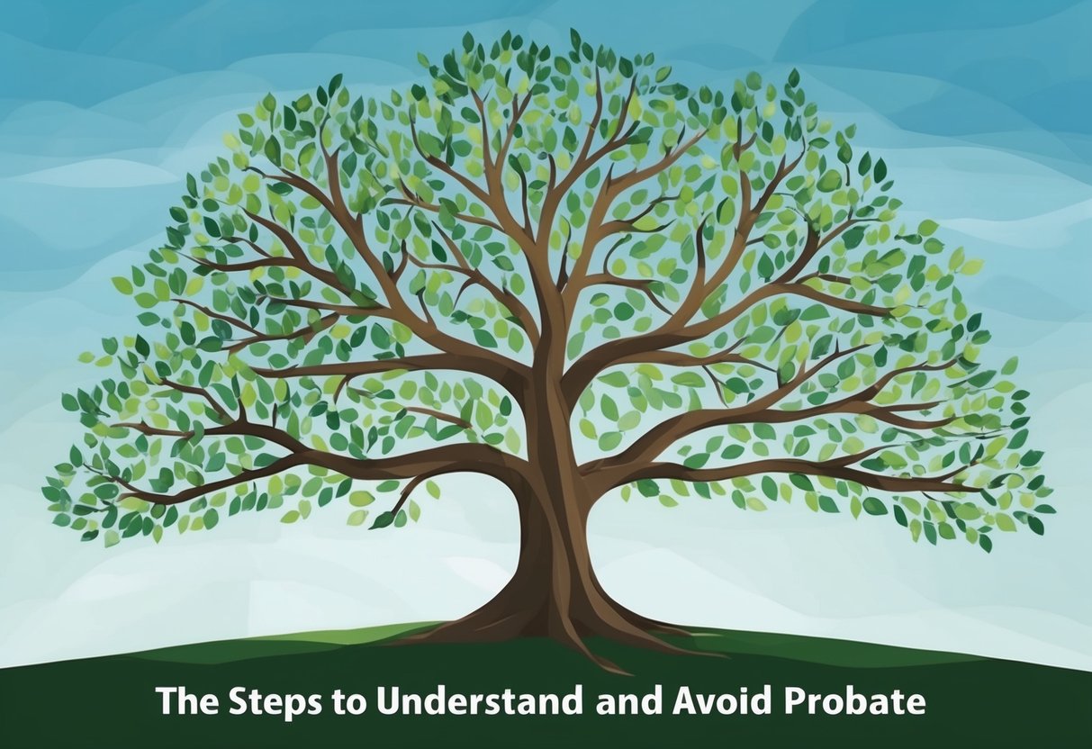 A family tree with seven branches, some entwined, others separate, symbolizing the steps to understand and avoid probate