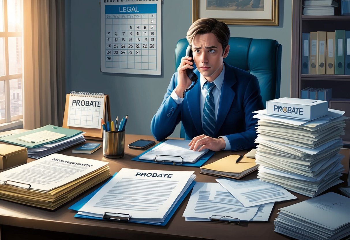 A cluttered desk with legal documents and a calendar, a person on the phone with a concerned expression, and a stack of paperwork labeled "Probate."
