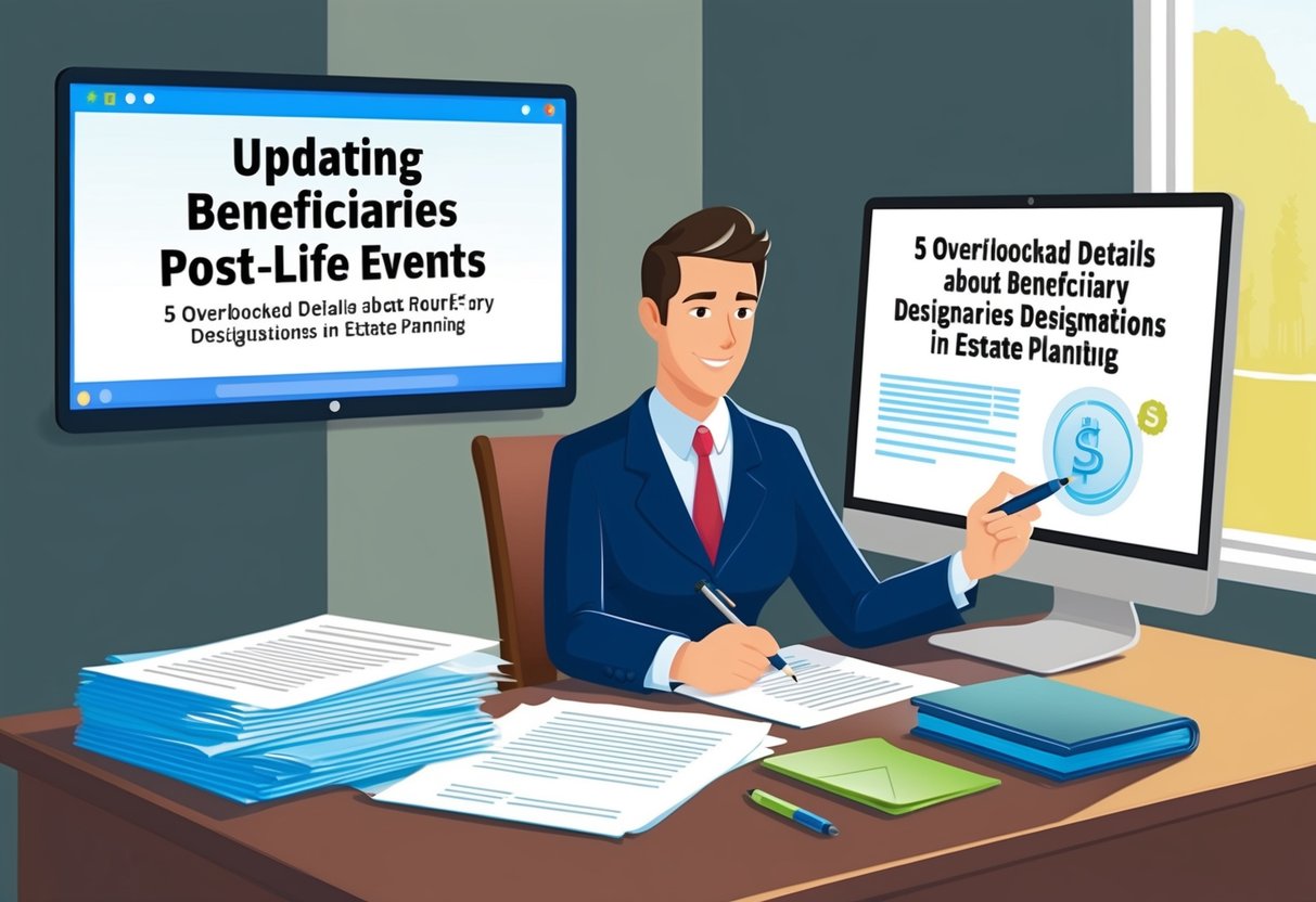 A lawyer sitting at a desk, reviewing legal documents with a pen in hand. A computer screen displays "Updating Beneficiaries Post-Life Events" with "5 Overlooked Details About Beneficiary Designations in Estate Planning" as the subheading