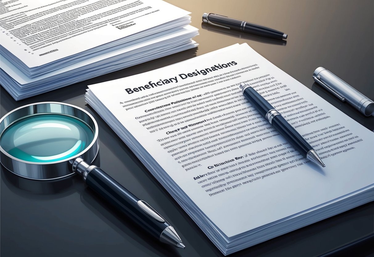 A table with legal documents, a pen, and a magnifying glass. A stack of papers with beneficiary designations highlighted. An estate planning book open to a chapter on contingent beneficiaries