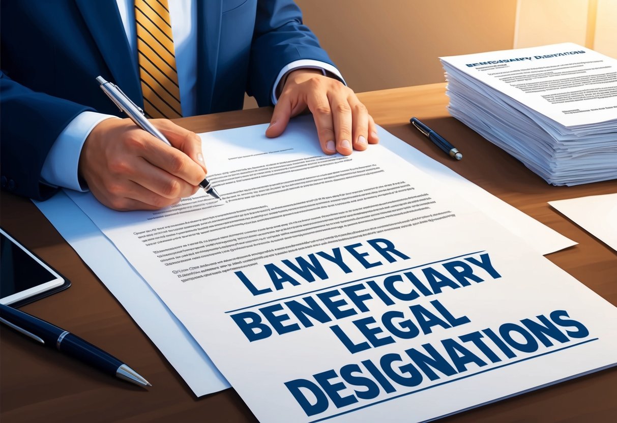 A lawyer signing a legal document with a pen, while a stack of papers labeled "Beneficiary Designations" sits on the desk