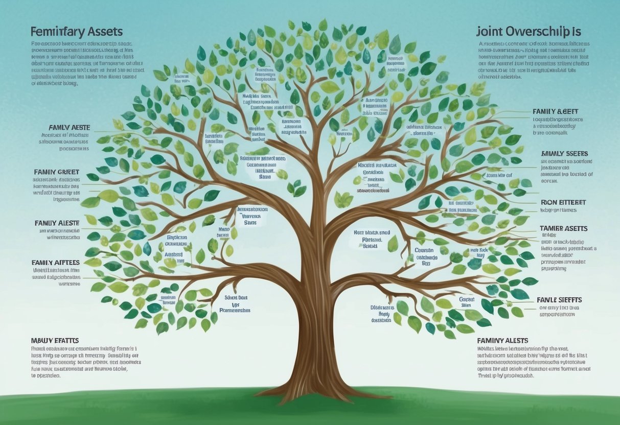 A family tree with multiple branches, each labeled with different types of assets and beneficiary designations, showing the complexity and importance of joint ownership in estate planning