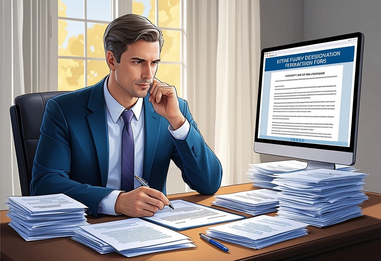 A lawyer sitting at a desk, reviewing legal documents related to estate planning. The lawyer is deep in thought, with a pen in hand, surrounded by stacks of papers and a computer screen displaying beneficiary designation forms