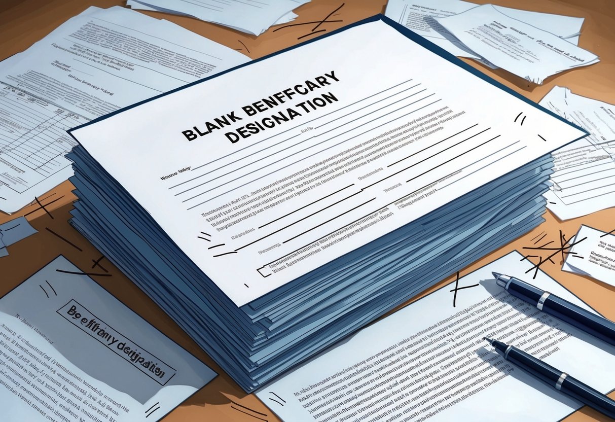 A stack of legal documents with blank beneficiary designation lines, surrounded by crossed-out mistakes and overlooked details