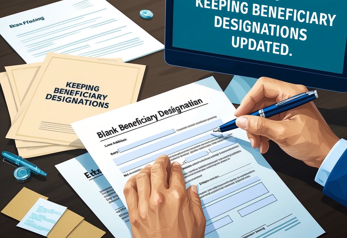 A hand placing a pen on a legal document with blank beneficiary designation fields, surrounded by estate planning documents and a computer screen showing the headline "Keeping Beneficiary Designations Updated."