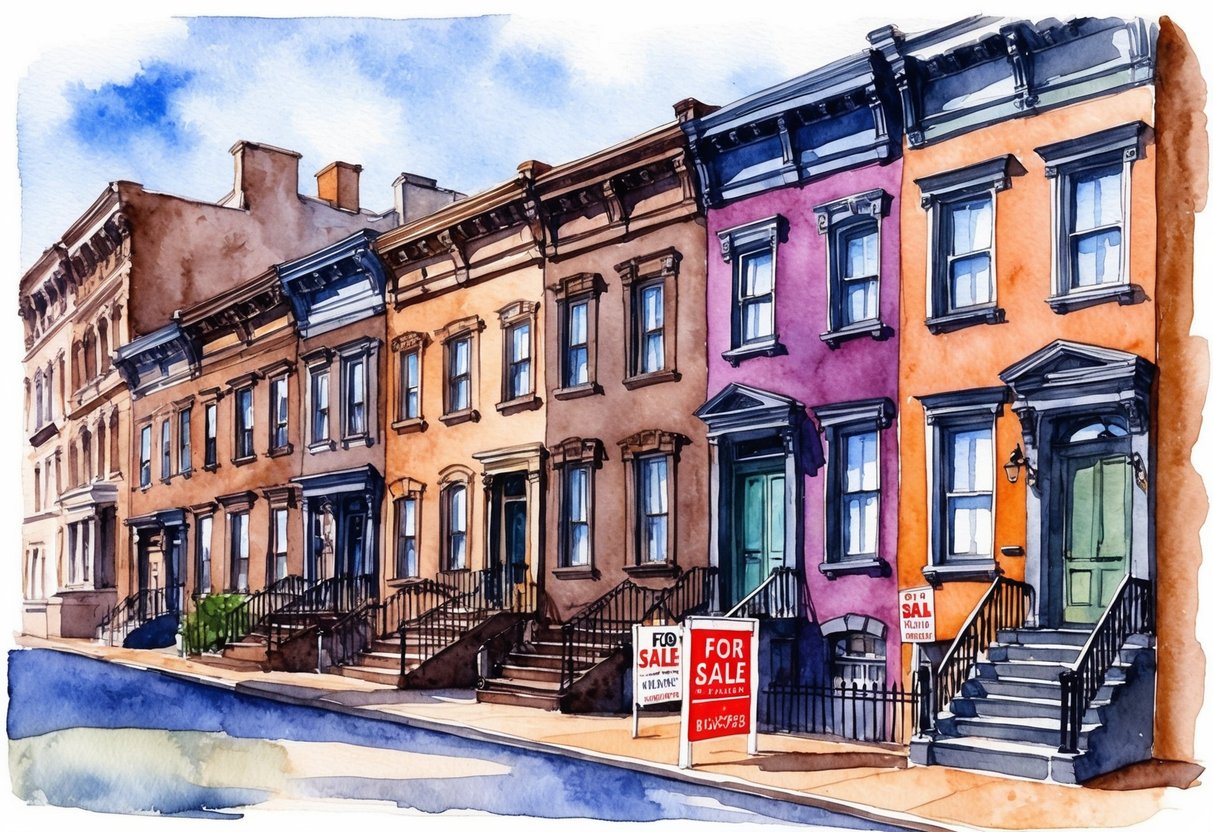 A row of historic brownstone buildings in Philadelphia, PA, with "For Sale" signs and a bustling real estate market