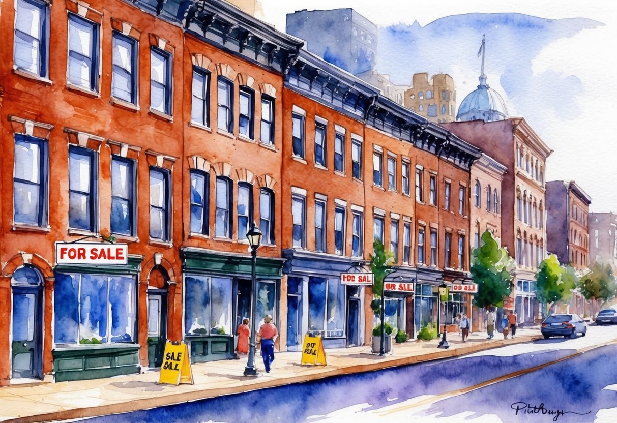 A row of historic brick buildings in downtown Pittsburgh, with "For Sale" signs and bustling street activity